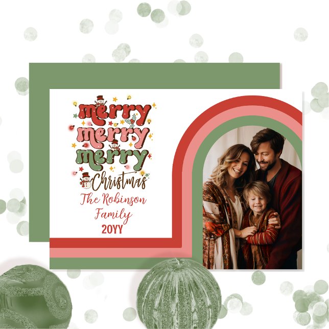Tarjeta Festiva Foto de la familia Retro Arch Merry Christmas (Retro Arched Photo Merry Christmas Family Photo Holiday Card - Retro Pink, Red and Green)