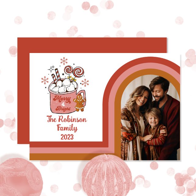 Tarjeta Festiva Foto de la familia Retro Arch Merry y Navidades Br (Hoping your Christmas holiday season will be "Merry and Bright" -- retro arch photo hot cocoa design)