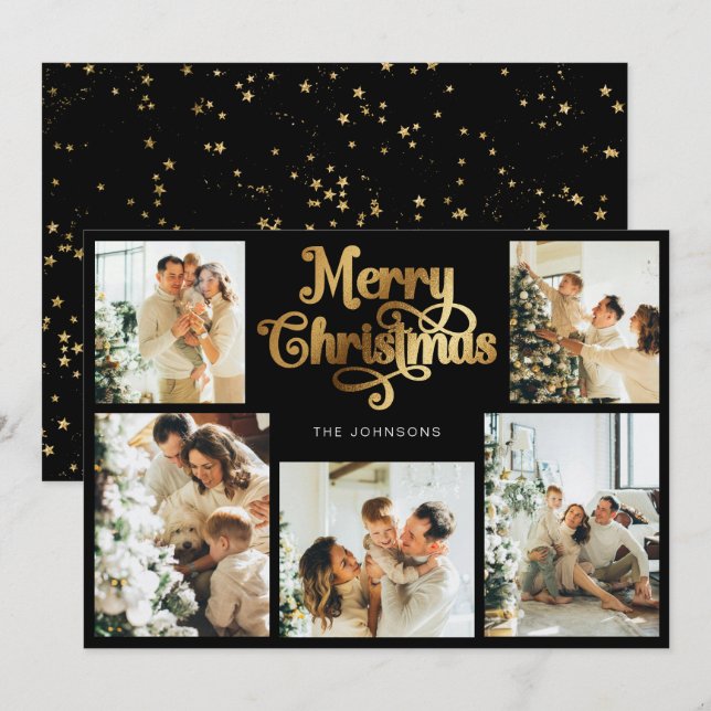 Tarjeta Festiva Foto de la familia Retro Black Faux Gold Merry Chr (Anverso / Reverso)