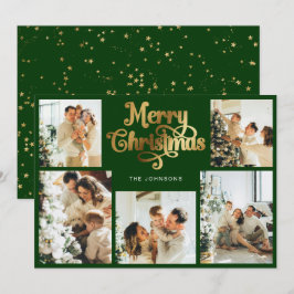 Tarjeta Festiva Foto de la familia Retro Green Faux Gold Merry Chr