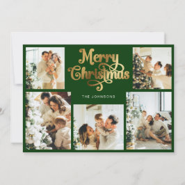 Tarjeta Festiva Foto de la familia Retro Green y Gold Merry Christ