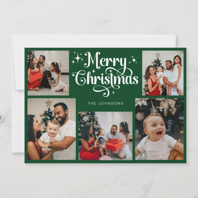 Tarjeta Festiva Foto de la familia Retro Script Green Merry Christ (Anverso)