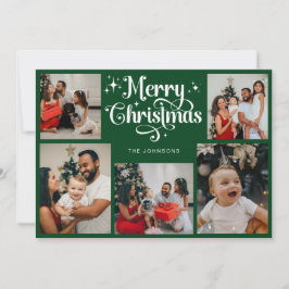 Tarjeta Festiva Foto de la familia Retro Script Green Merry Christ