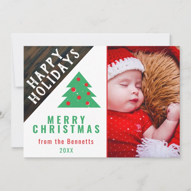 Tarjeta Festiva Foto de la familia Rusood Red Green Christmas Tree (Anverso)