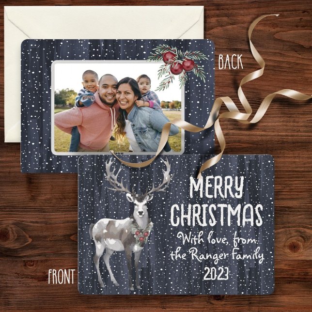 Tarjeta Festiva Foto de la familia Rustic Blue Snowy Reindeer Navi (Subido por el creador)