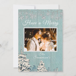 Tarjeta Festiva Foto de la familia Rustic Blue White Winter Snow