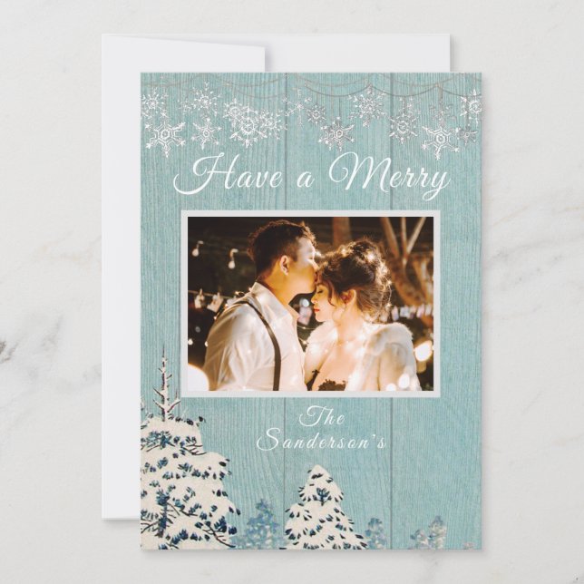 Tarjeta Festiva Foto de la familia Rustic Blue White Winter Snow (Anverso)