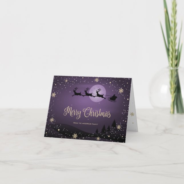 Tarjeta Festiva Foto de la familia Santa Snowly Fotografía Purple  (Anverso)