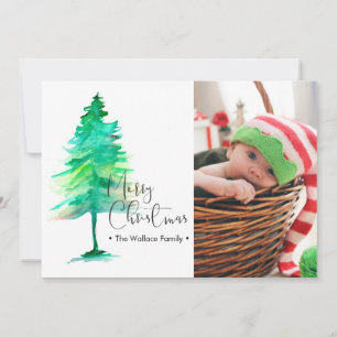 Tarjeta Festiva Foto de la familia Watercolor Christmas Tree Baby