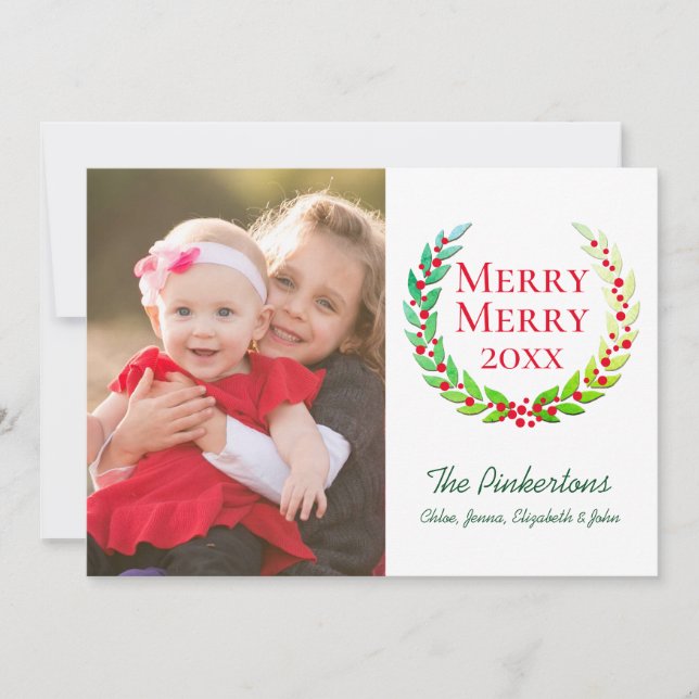 Tarjeta Festiva Foto de la familia Wreath de la merry Merry Laurel (Anverso)