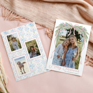 Tarjeta Festiva Foto de la guirnalda con lazo navideño Preppy Gran