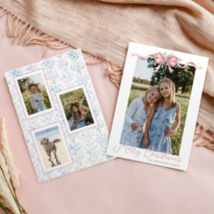 Tarjeta Festiva Foto de la guirnalda con lazo navideño Preppy Gran