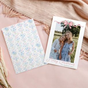 Tarjeta Festiva Foto de la guirnalda con lazo navideño Preppy Gran