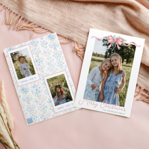 Tarjeta Festiva Foto de la guirnalda con lazo navideño Preppy Gran