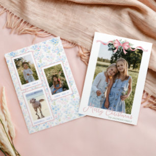 Tarjeta Festiva Foto de la guirnalda con lazo navideño Preppy Gran