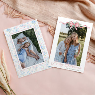 Tarjeta Festiva Foto de la guirnalda con lazo navideño Preppy Gran