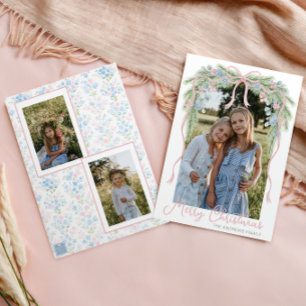 Tarjeta Festiva Foto de la guirnalda de lazo navideña Preppy Grand