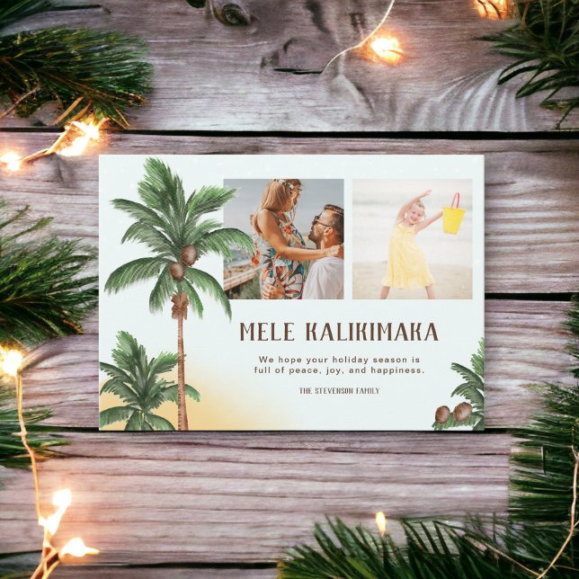 Tarjeta Festiva Foto de la palma de los Navidades Mele Kalikimaka  (Modern Mele Kalikimaka Hawai Christmas palm photo Holiday Card)