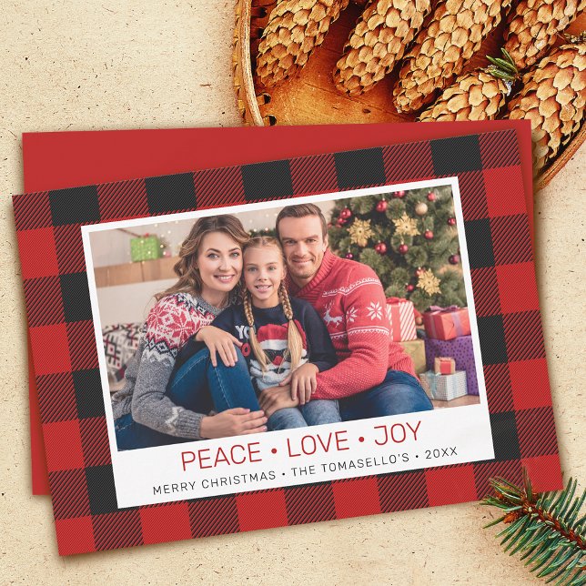 Tarjeta Festiva Foto de la placa de verificación de búfalo rojo de (Country Red Buffalo Check Plaid Photo Holiday Card)