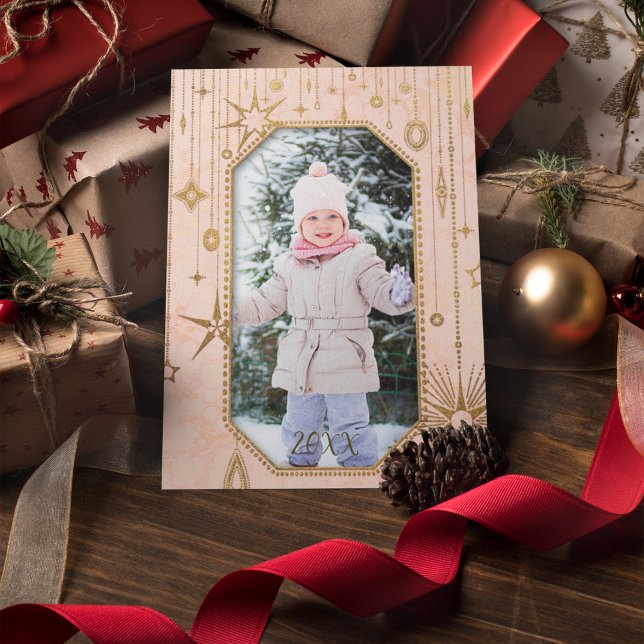 Tarjeta Festiva Foto de las Estrellas de Oro Rosa Mágicas navidade (Christmas Magic Pink Gold Stars Holiday Card - 1 Photo)