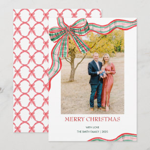 Tarjeta Festiva Foto de lazo de cuadros navideños rojos y verdes