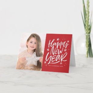 Tarjeta Festiva Foto de Letra de Feliz Año Nuevo Rojo Festivo