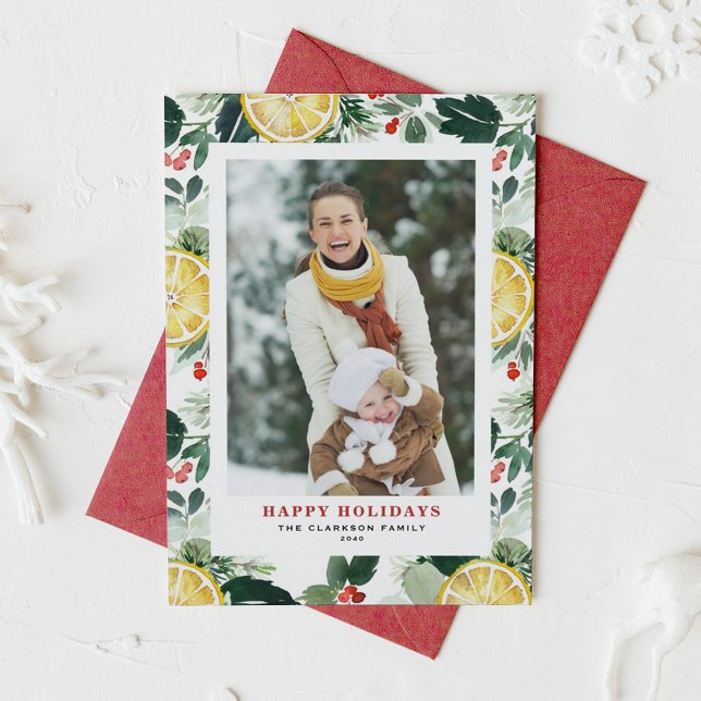 Tarjeta Festiva Foto de limón acuarela y vegetación de invierno (Customizable Photo Holiday Card with Watercolor Lemon, Holly, and Winter Greenery)
