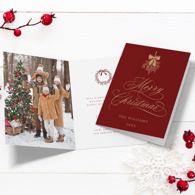 Tarjeta Festiva Foto de los Navidades Red and Gold Holly Berry Bou (Front & Inside)