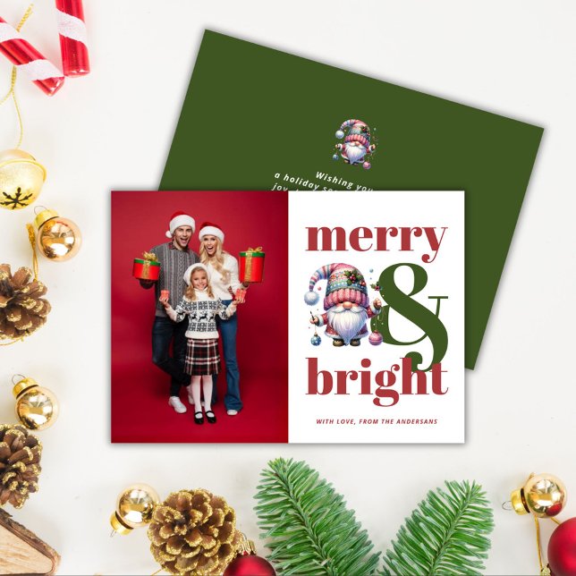 Tarjeta Festiva Foto de los Navidades rojos de Merry y Bright Gree (Merry & Bright Green Red Christmas Photo Holiday Card)