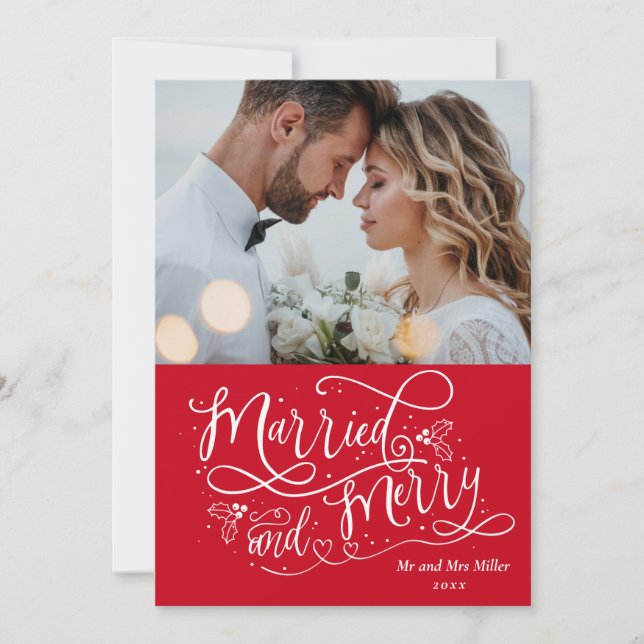 Tarjeta Festiva Foto De Los Primeros Navidades De Merry Y Married  (Anverso)