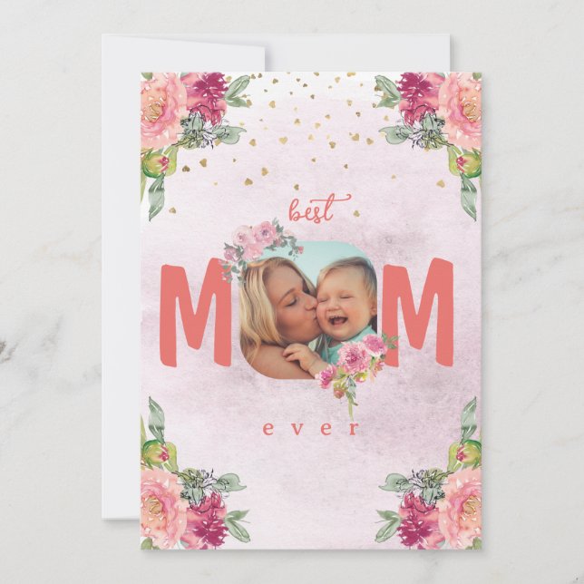 Tarjeta Festiva Foto De Mamá, Flores Y Mensaje De Personalizado (Anverso)