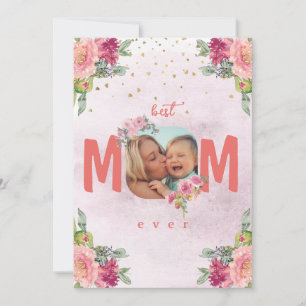 Tarjeta Festiva Foto De Mamá, Flores Y Mensaje De Personalizado