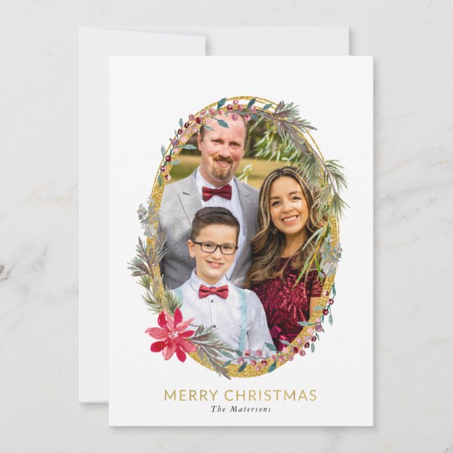 Tarjeta Festiva Foto de marco dorado de Poinsettia Roja y Berries (Anverso)