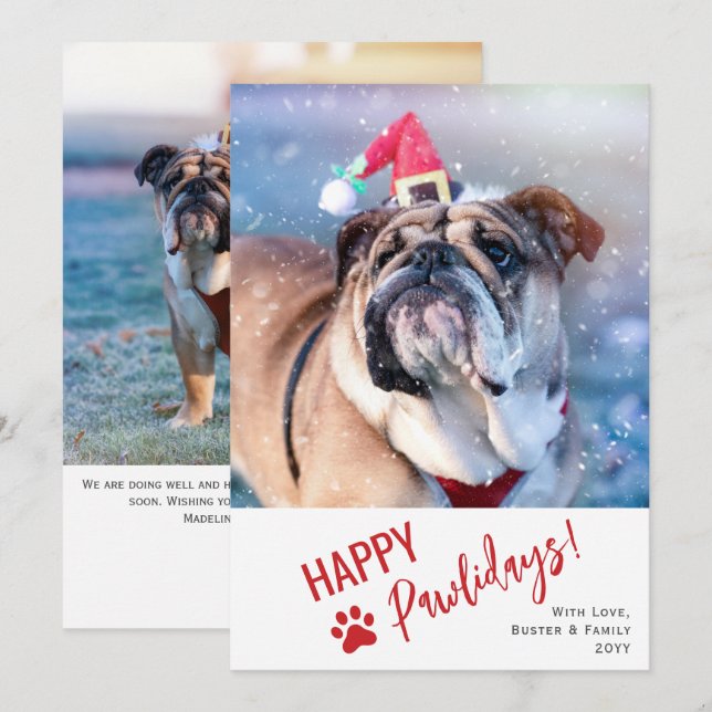 Tarjeta Festiva Foto de mascota con guión moderno Felices Pawliday (Anverso / Reverso)