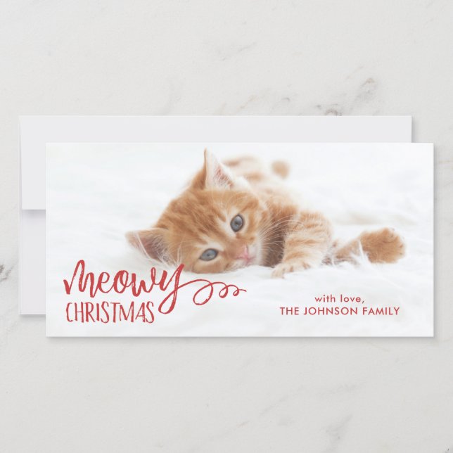 Tarjeta Festiva Foto de Mascota de gato de Meowy Navidades (Anverso)