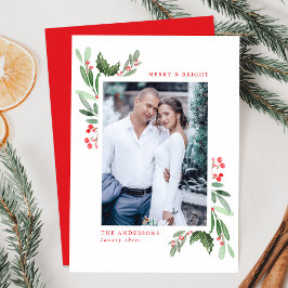 Tarjeta Festiva Foto de Merry and Bright Watercolor Holly Berries