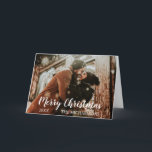 Tarjeta Festiva Foto de Merry Christmas Script<br><div class="desc">Esta moderna y vibrante tarjeta de Navidades muestra tu foto personal en la parte delantera,  con un moderno guión en blanco,  y un rico patrón de puntos polka en la parte trasera. Foto de plantilla a través de Pixabay bajo licencia CC0 y debe ser reemplazada por su propia foto</div>