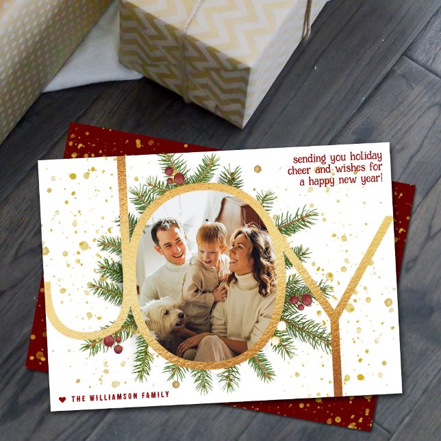 Tarjeta Festiva Foto de moda Joy Pine Boughs Wreath Navidades (Subido por el creador)