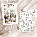 Tarjeta Festiva Foto de moda Merry y Bright Four<br><div class="desc">Una elegante y moda tarjeta de vacaciones con un guión que dice "alegre y brillante" y cuatro fotos de personalizable en la parte delantera con cerezas de acuarela y patrón de hojas en la parte posterior. Perfecto como una tarjeta de vacaciones personalizada para Navidades para enviar a su familia, amigos...</div>