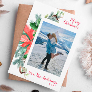 Tarjeta Festiva Foto de Modern Snow White Watercolor Festive Green