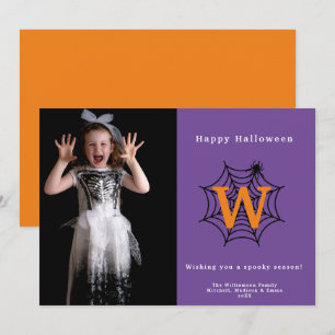 Tarjeta Festiva Foto de monograma de telaraña de Halloween para tr