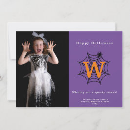 Tarjeta Festiva Foto de monograma de telaraña de Halloween Truco o