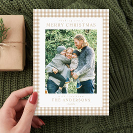 Tarjeta Festiva Foto de Navidades Beige Gingham