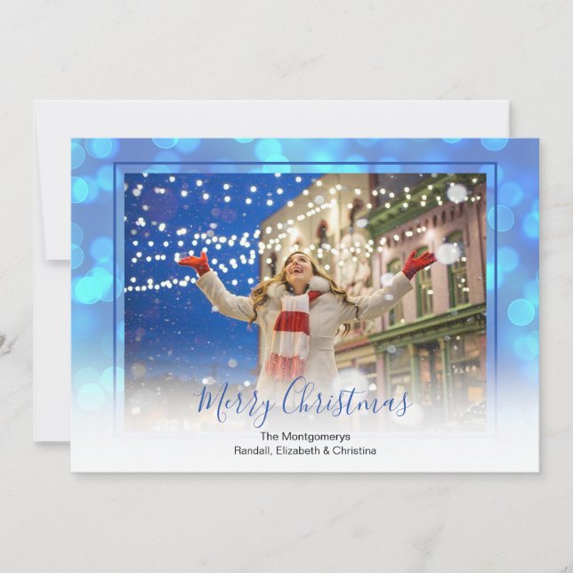Tarjeta Festiva Foto de Navidades con marco azul y bokek azul (Anverso)