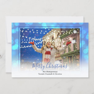 Tarjeta Festiva Foto de Navidades con marco azul y bokek azul