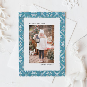 Tarjeta Festiva Foto de Navidades con patrones de Blue Fair Isle