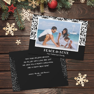 Tarjeta Festiva Foto de Navidades Damask blancos y negros