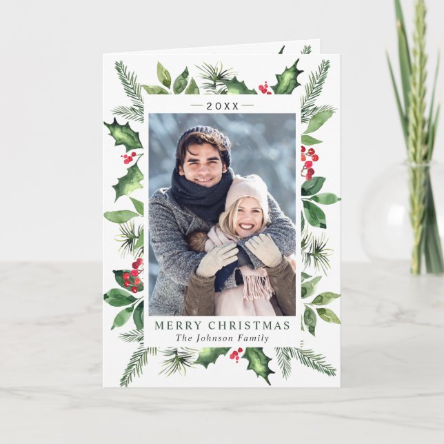 Tarjeta Festiva FOTO de Navidades de acuarela festiva Holly Berry (Anverso)