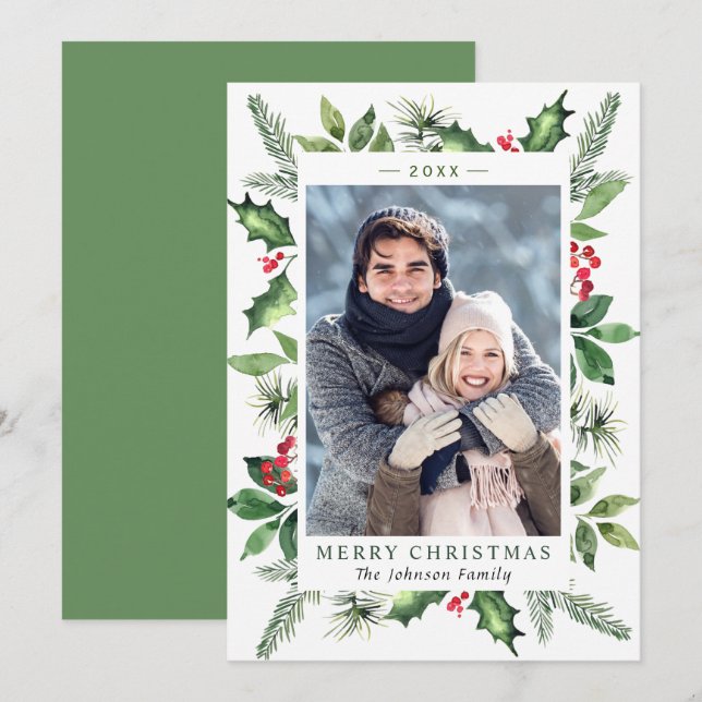 Tarjeta Festiva FOTO de Navidades de acuarela festiva Holly Berry (Anverso / Reverso)