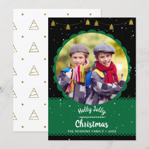 Tarjeta Festiva Foto de Navidades de Black Green Holly Jolly